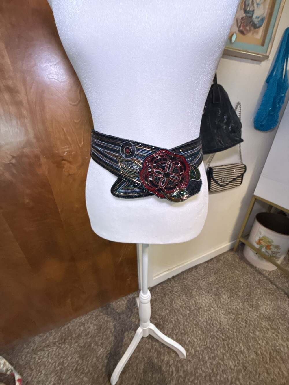 Vintage Milor Handbeaded Floral Cinch Belt Black S/M